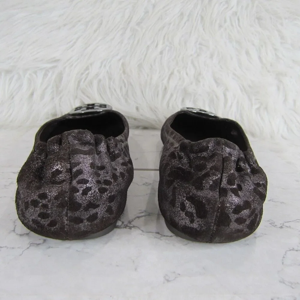 Tory Burch Reva Flats Iridescent Leopard Print Brown Silver Size US 9